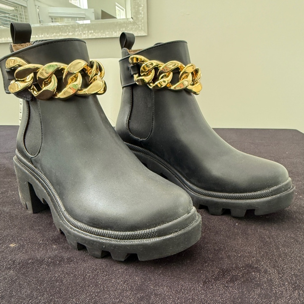 Steve Madden Black Ankle Boots with Gold Chain Accent